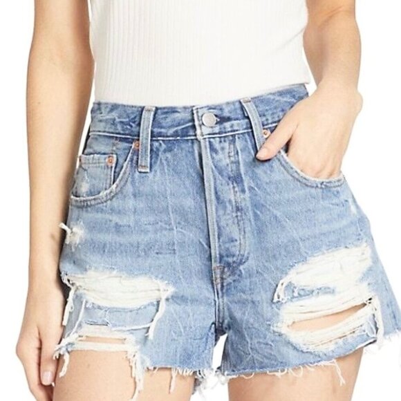 Levi’s 501 NWT 25 (0/1) Denim Women’s Jeans Shorts High Rise Cutoffs Distressed - Picture 1 of 10